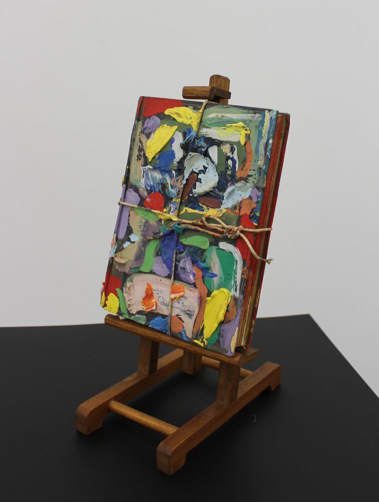 Click the image for a view of: Walter Battiss. Book sculptural object (installation view). Found book, oil paint, string